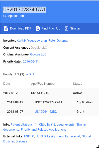 Patent application US20170237497A1 details and metadata for a Google-related innovation